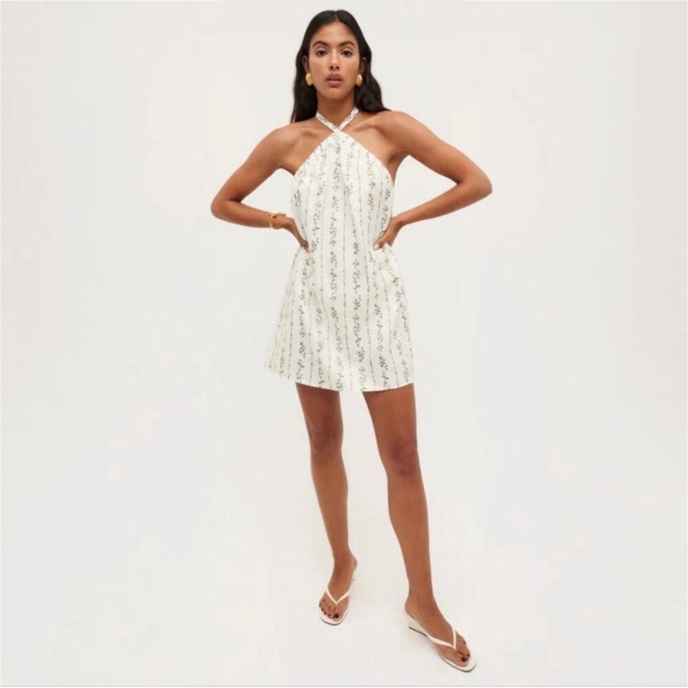 Reformation Maui Linen Halter Mini Dress in Blue Floral Stripe - Size Small